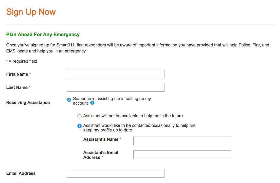 Smart911 Sign Up Screen Example