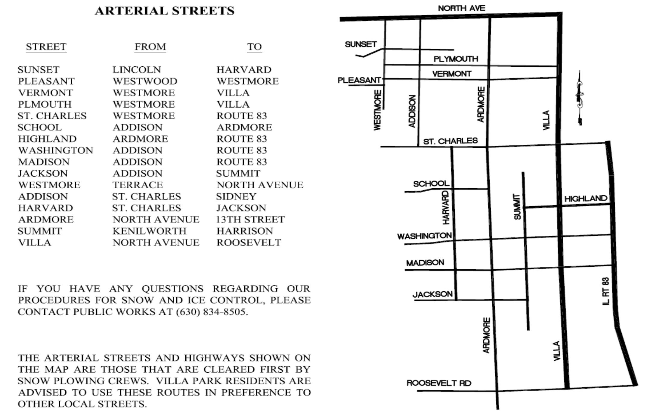 Snow and Ice Control Map with Arterial Streets Listed
